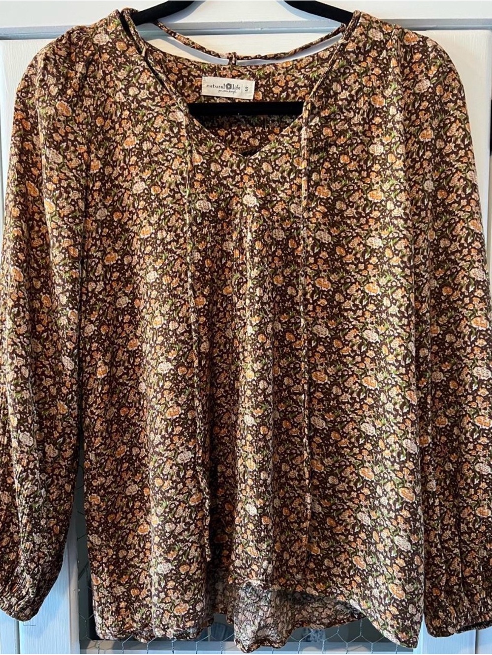 NATURAL LIFE Brown Floral Peasant Tunic with Tie Neck